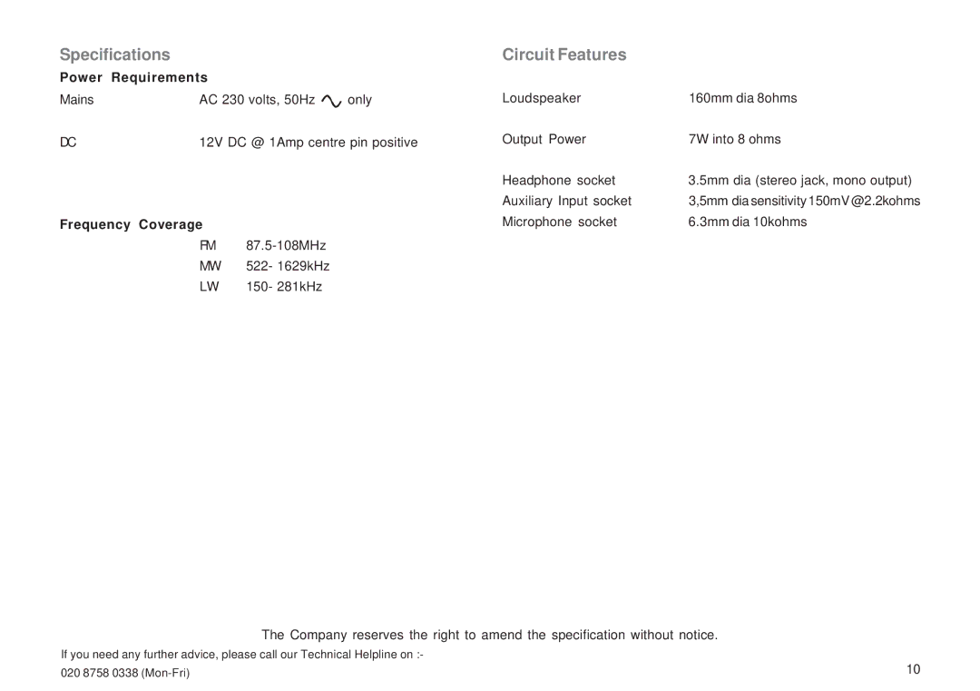 Roberts Radio R9966 manual Specifications Circuit Features, Power Requirements 