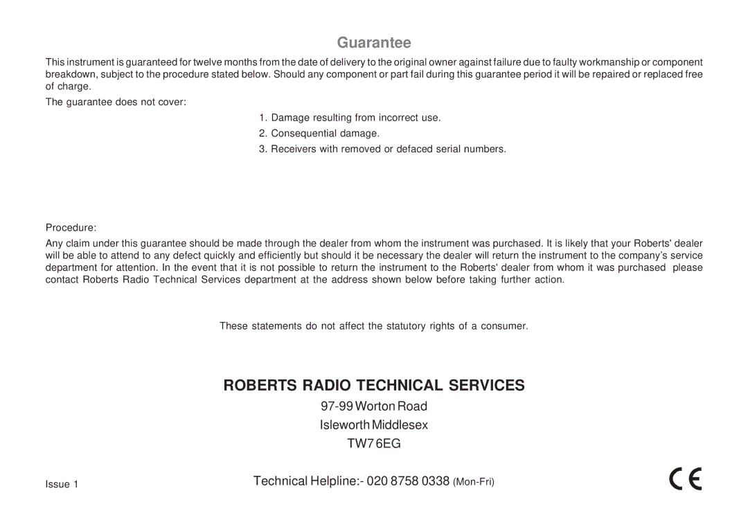 Roberts Radio R9966 manual Roberts Radio Technical Services 