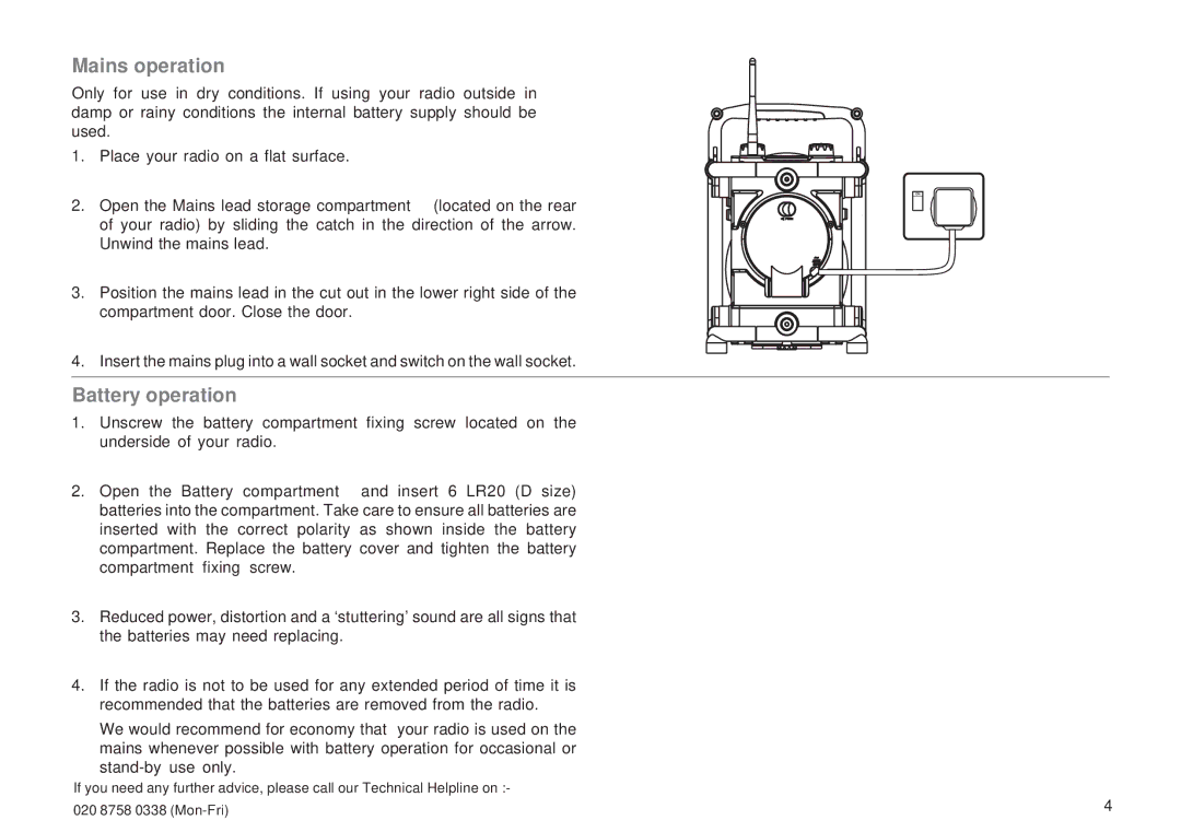 Roberts Radio R9966 manual Mains operation, Battery operation 