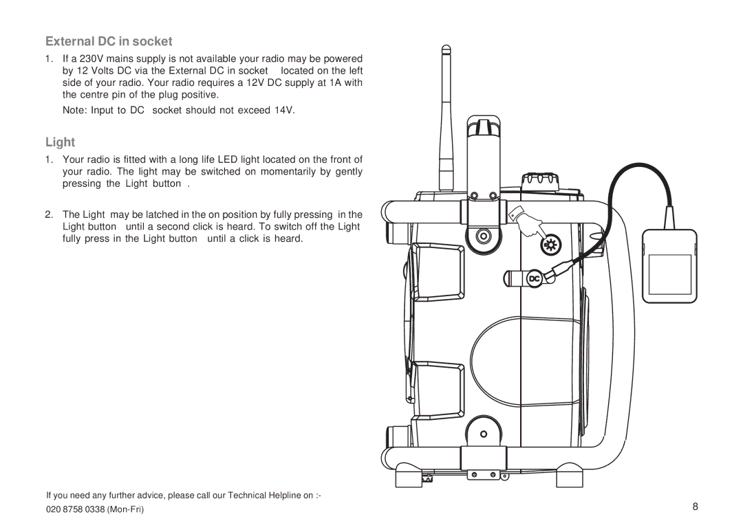 Roberts Radio R9966 manual External DC in socket, Light 