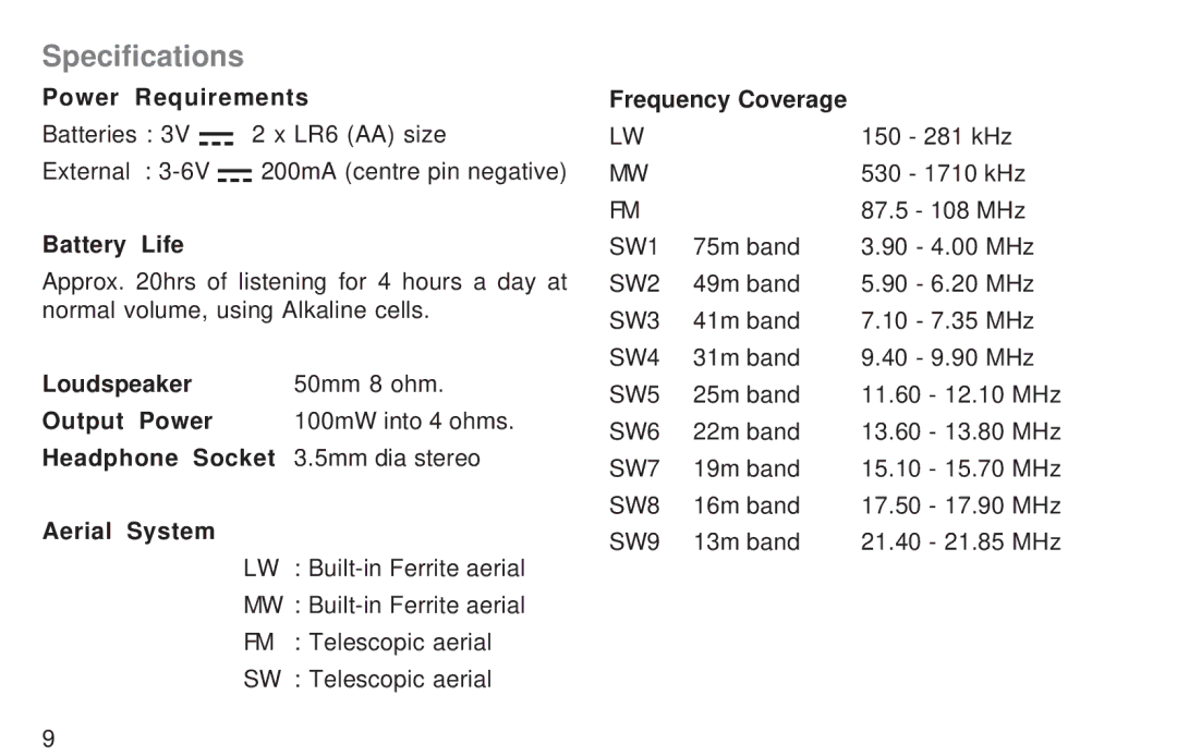 Roberts Radio R9967 manual Specifications 