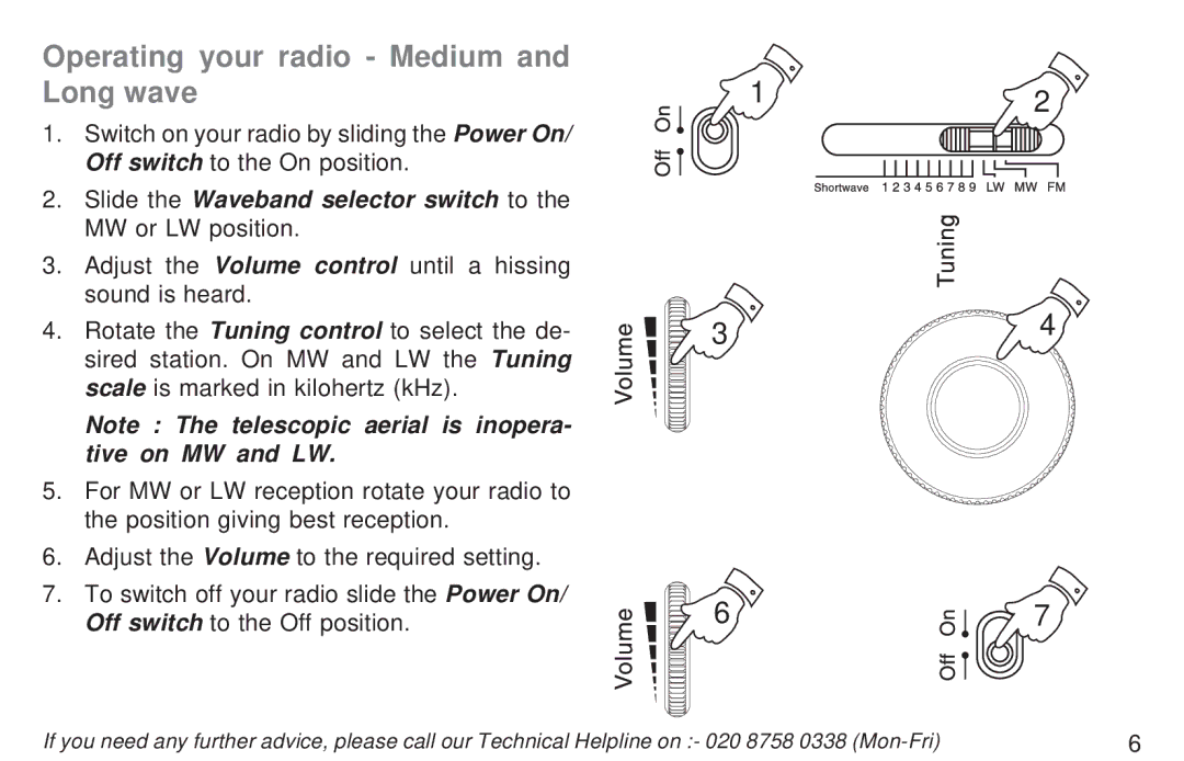 Roberts Radio R9967 Operating your radio Medium and Long wave, Slide the Waveband selector switch to the MW or LW position 