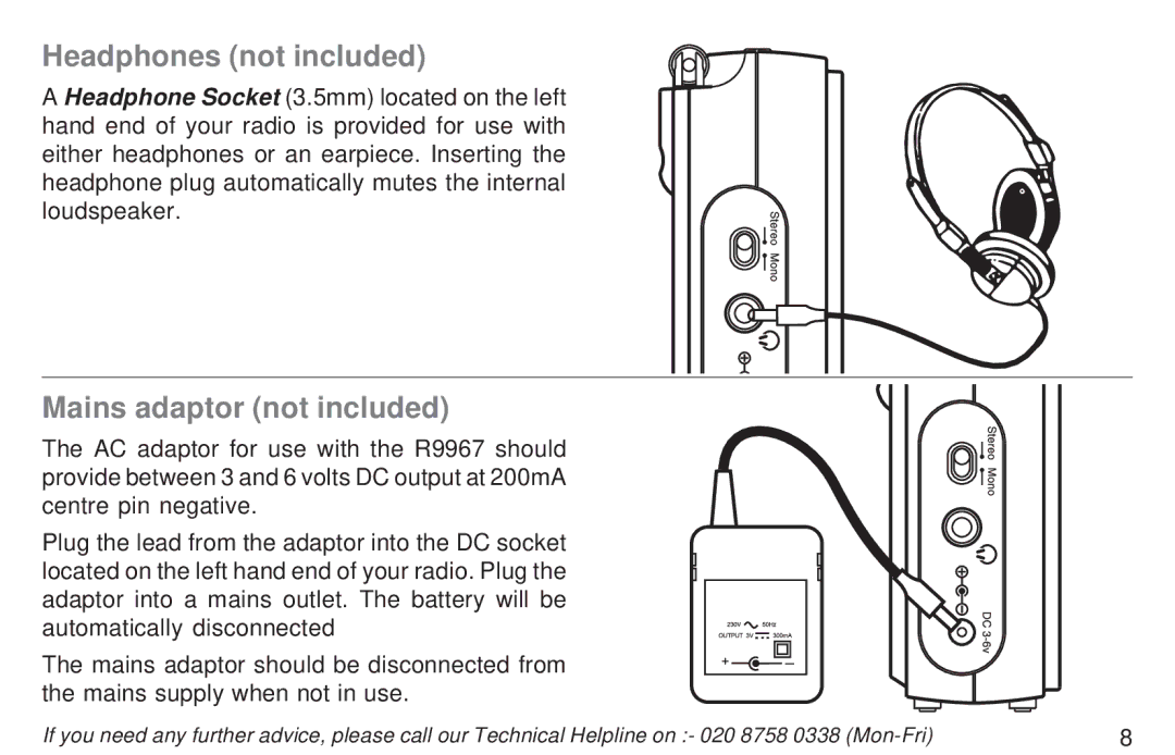 Roberts Radio R9967 manual Headphones not included, Mains adaptor not included 