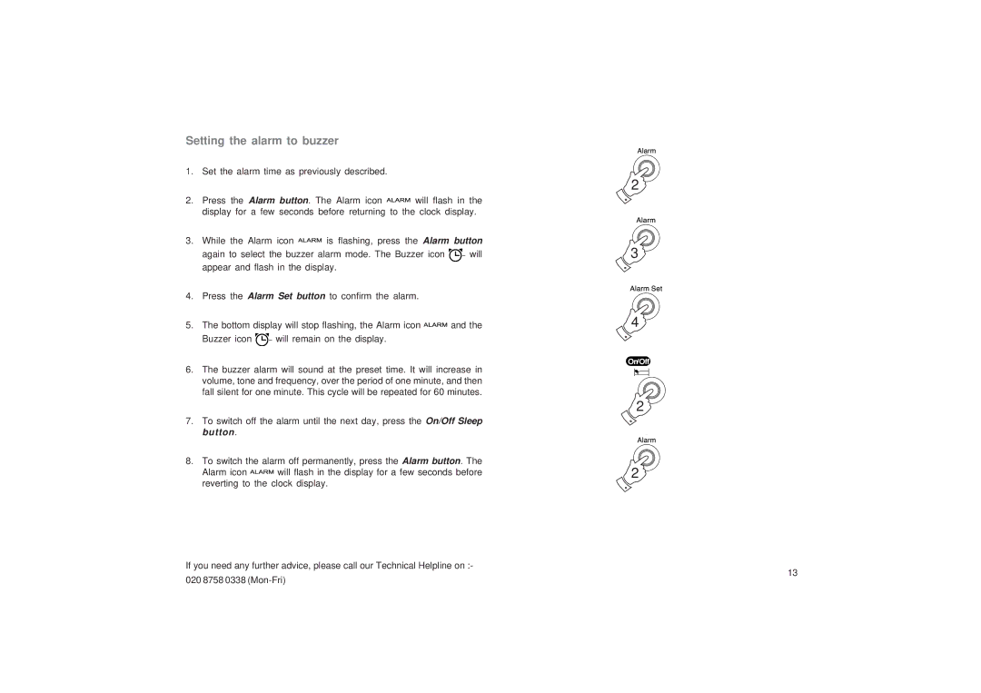 Roberts Radio R9968 manual Setting the alarm to buzzer 