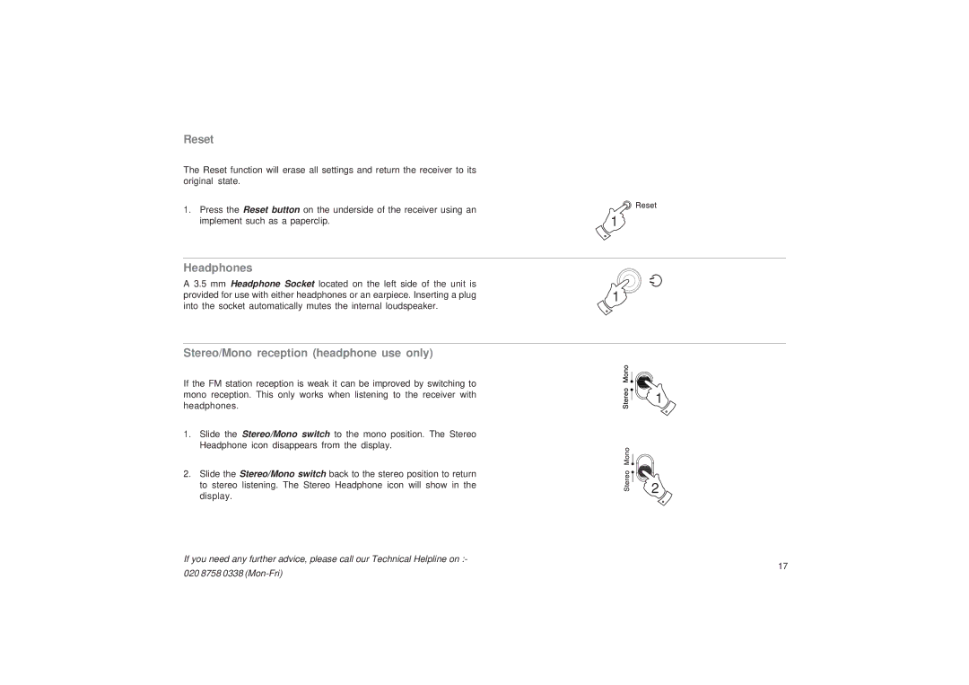 Roberts Radio R9968 manual Reset, Headphones, Stereo/Mono reception headphone use only 