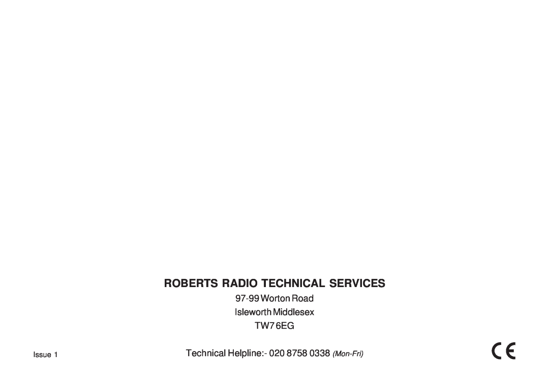 Roberts Radio R9969 manual Roberts Radio Technical Services, 97-99Worton Road Isleworth Middlesex TW7 6EG 
