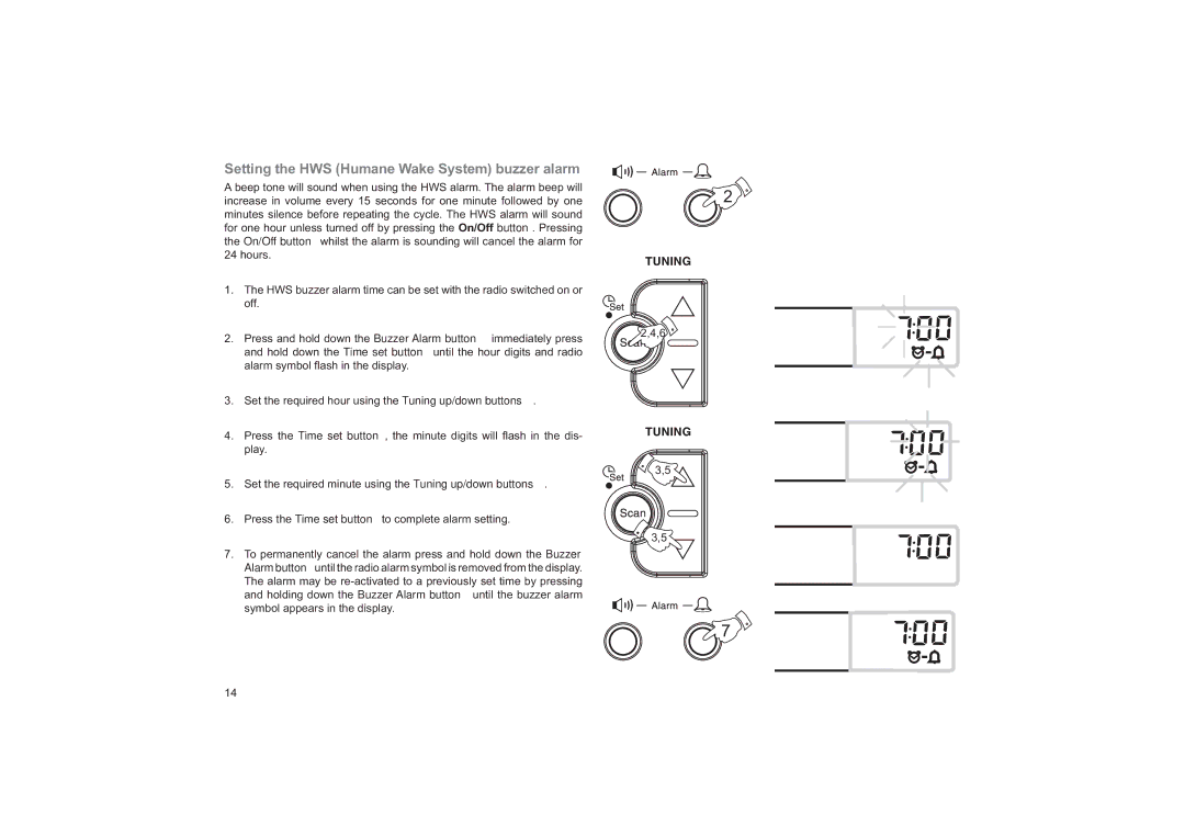 Roberts Radio R9974 manual Setting the HWS Humane Wake System buzzer alarm 