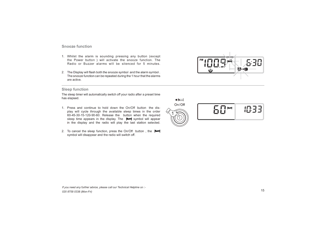 Roberts Radio R9974 manual Snooze function, Sleep function 