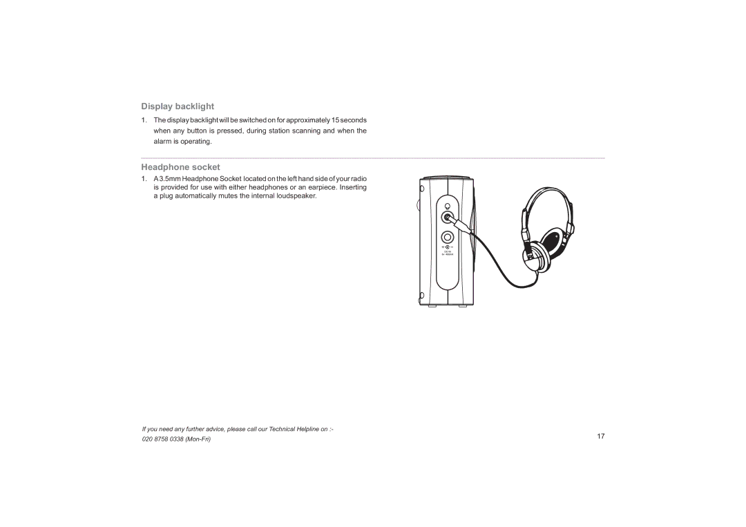 Roberts Radio R9974 manual Display backlight, Headphone socket 