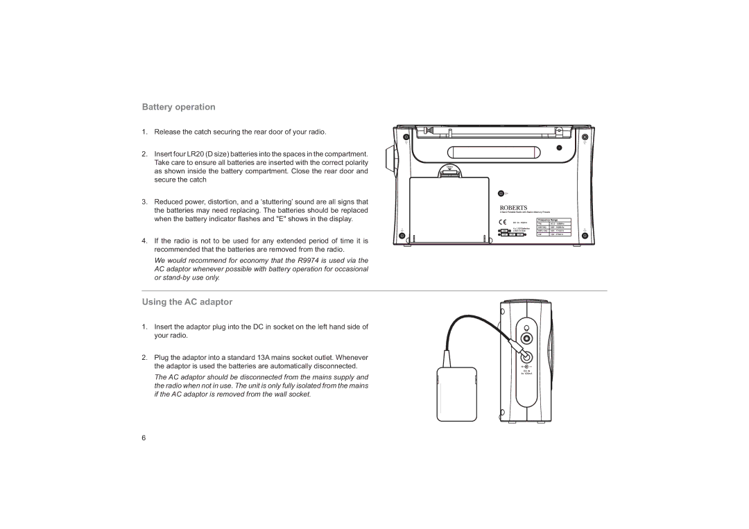 Roberts Radio R9974 manual Battery operation, Using the AC adaptor 