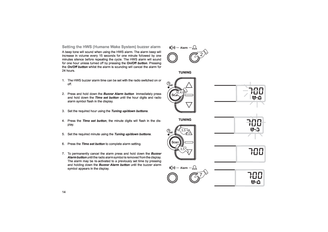 Roberts Radio R9974 manual Setting the HWS Humane Wake System buzzer alarm 