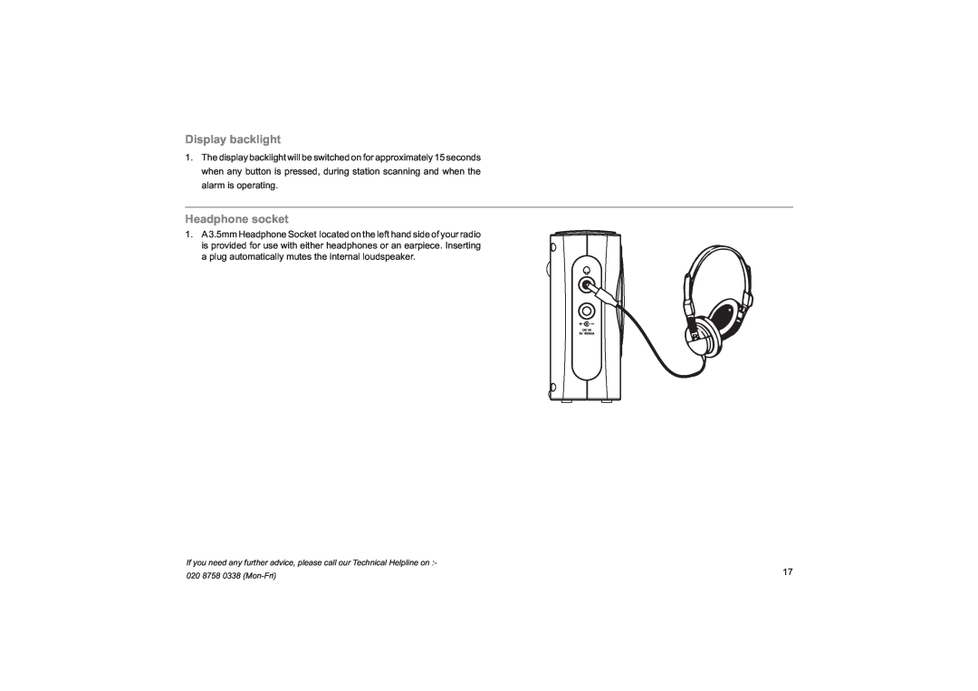 Roberts Radio R9974 manual Display backlight, Headphone socket 