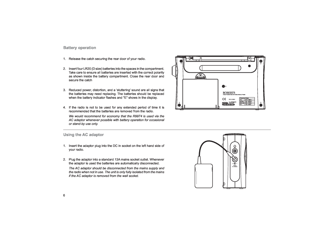 Roberts Radio R9974 manual Battery operation, Using the AC adaptor 