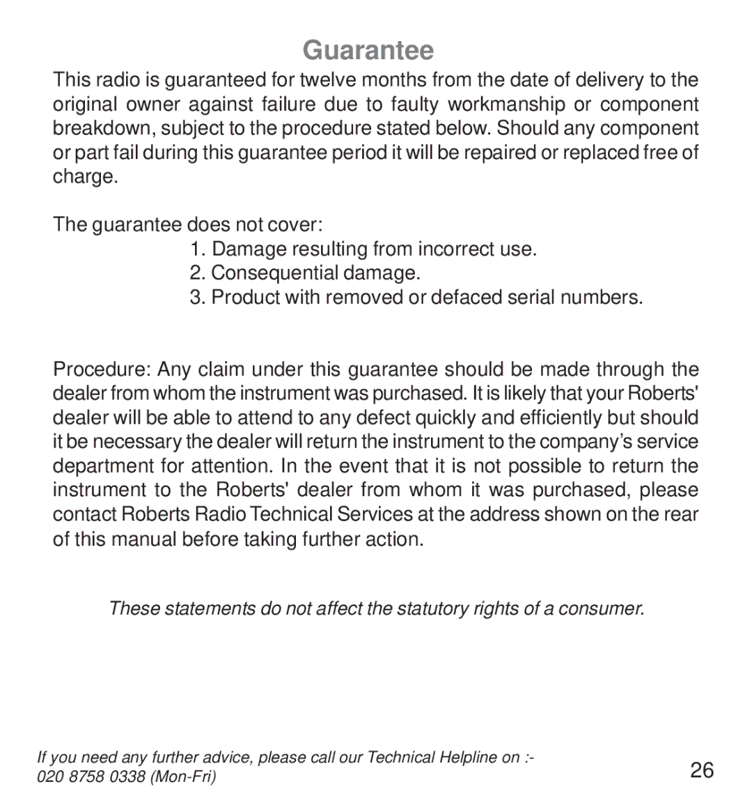 Roberts Radio R9988 operating instructions Guarantee 