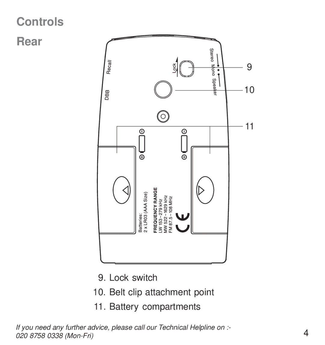 Roberts Radio R9988 operating instructions Controls Rear, Lock switch Belt clip attachment point Battery compartments 