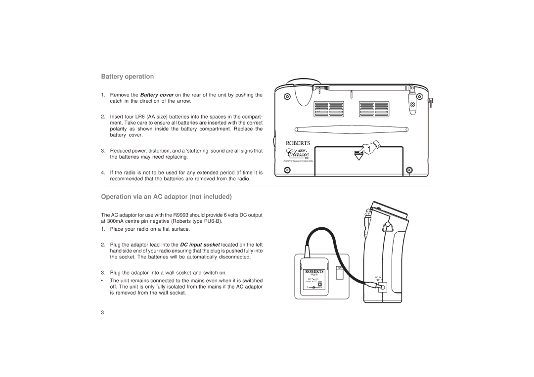 Roberts Radio R9993 manual Battery operation, Operation via an AC adaptor not included 