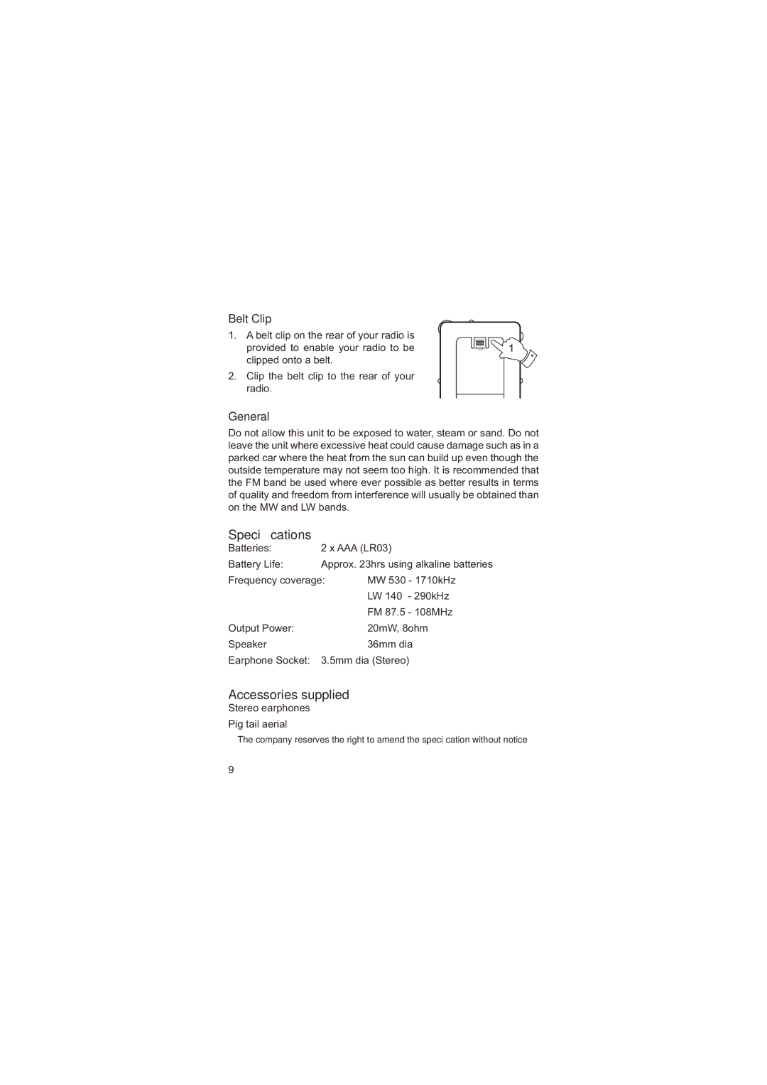 Roberts Radio R9994 operating instructions Speciﬁcations, Accessories supplied, Belt Clip, General 