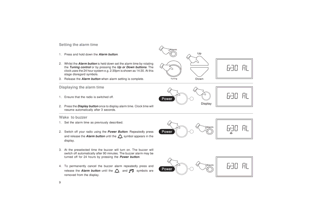 Roberts Radio R9999 manual Setting the alarm time, Displaying the alarm time, Wake to buzzer 