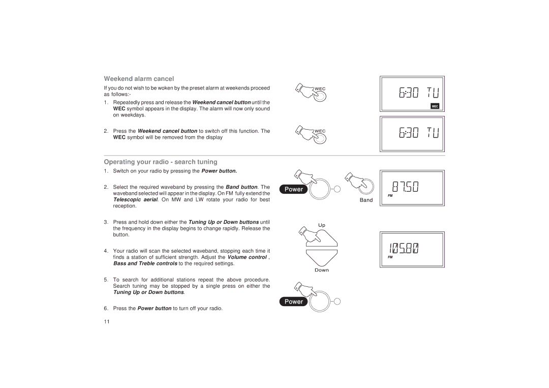 Roberts Radio R9999 manual Weekend alarm cancel, Operating your radio search tuning 