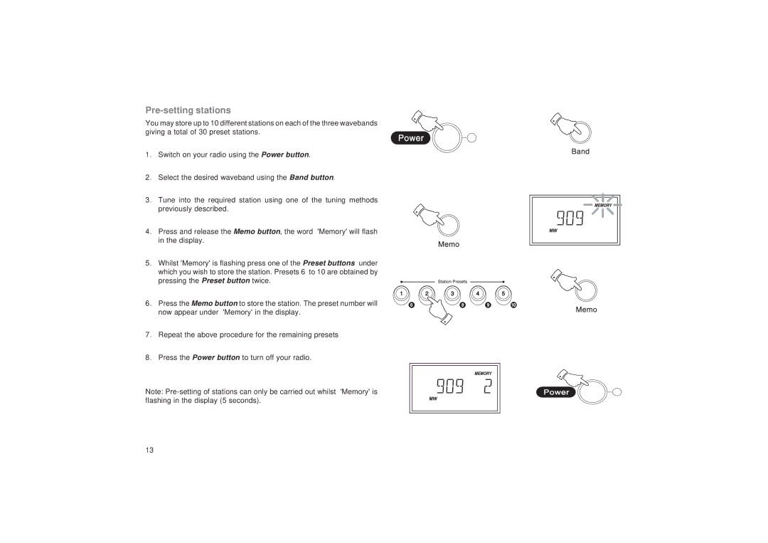 Roberts Radio R9999 manual Pre-setting stations 