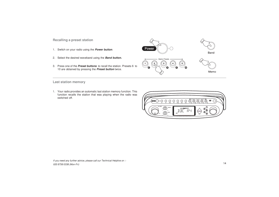 Roberts Radio R9999 manual Recalling a preset station, Last station memory 