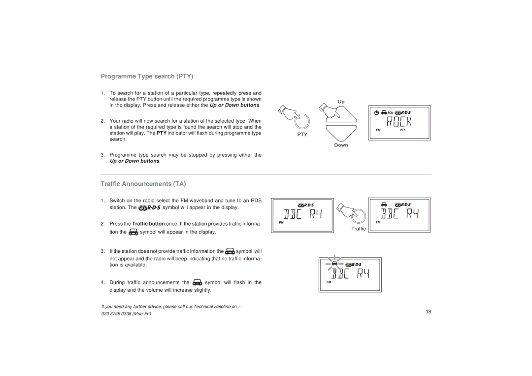 Roberts Radio R9999 manual Programme Type search PTY, Traffic Announcements TA 