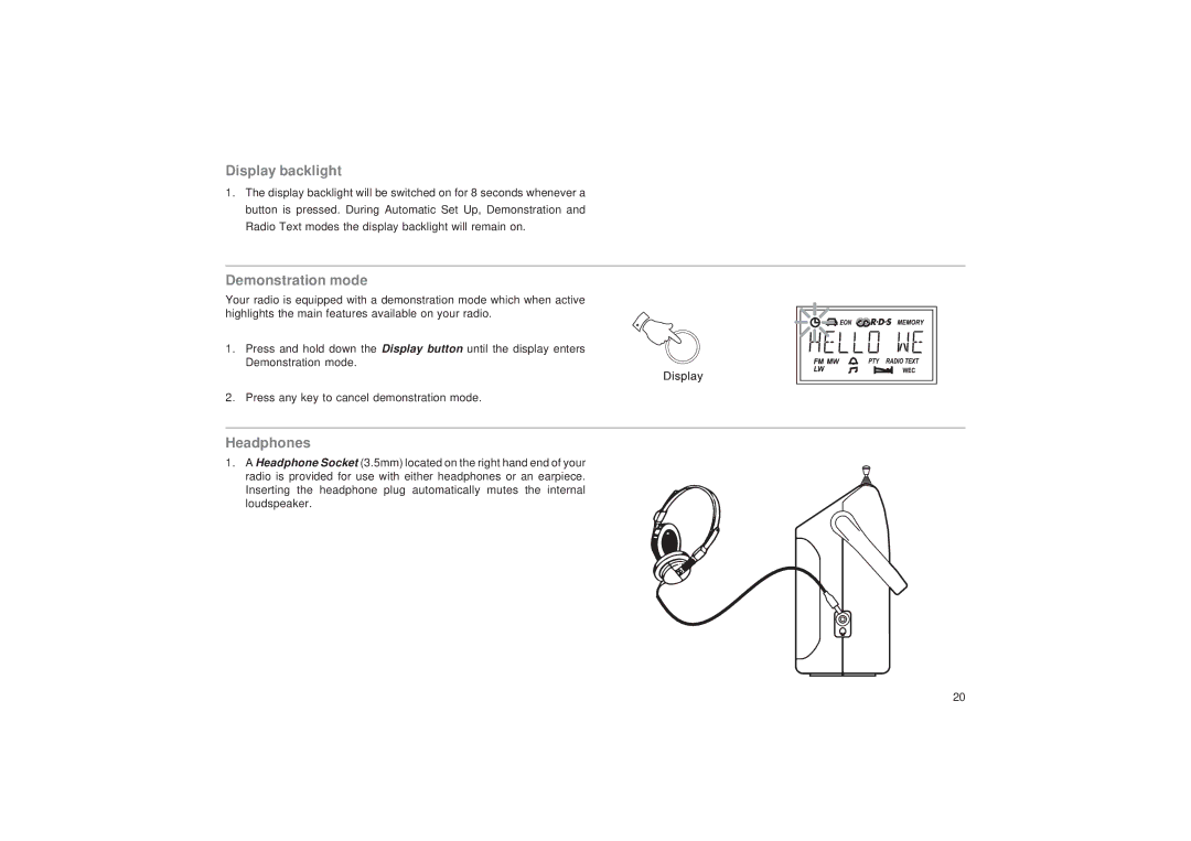 Roberts Radio R9999 manual Display backlight, Demonstration mode, Headphones 