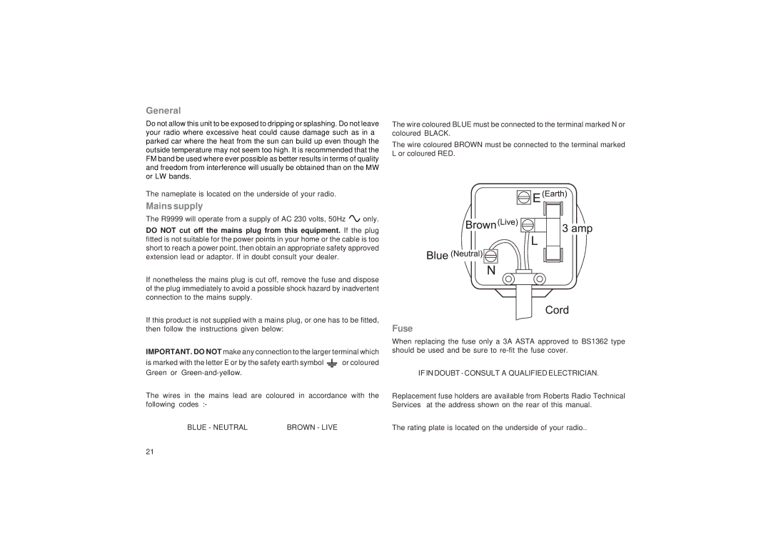 Roberts Radio R9999 manual General, Mains supply, Fuse 