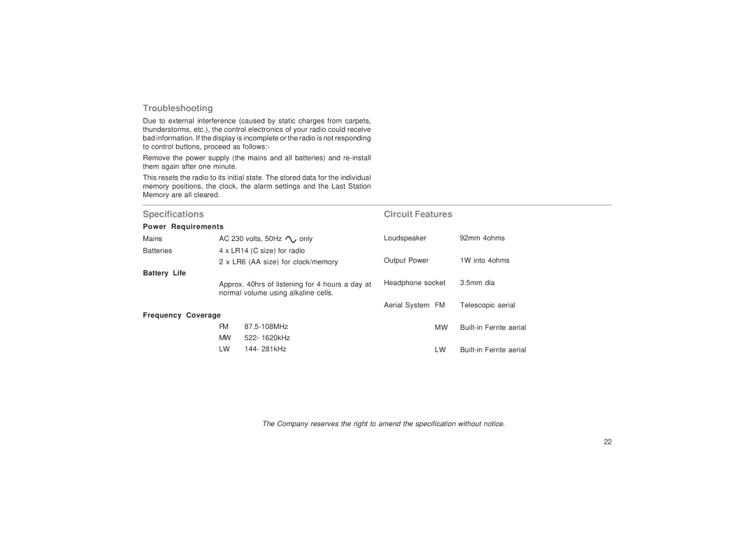 Roberts Radio R9999 manual Troubleshooting, Specifications, Circuit Features 