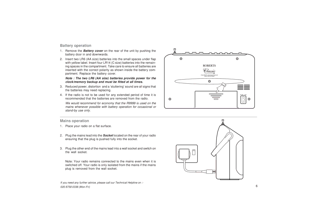 Roberts Radio R9999 manual Battery operation, Mains operation 