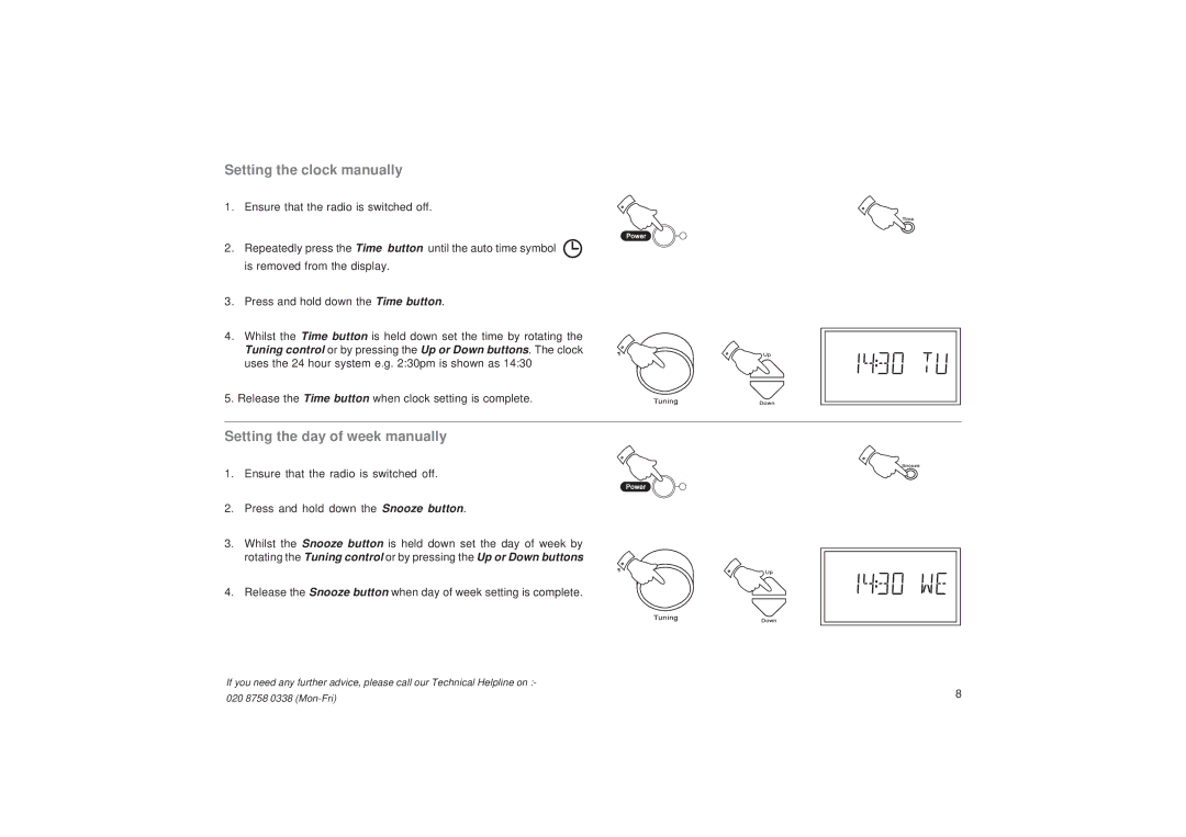 Roberts Radio R9999 Setting the clock manually, Setting the day of week manually 