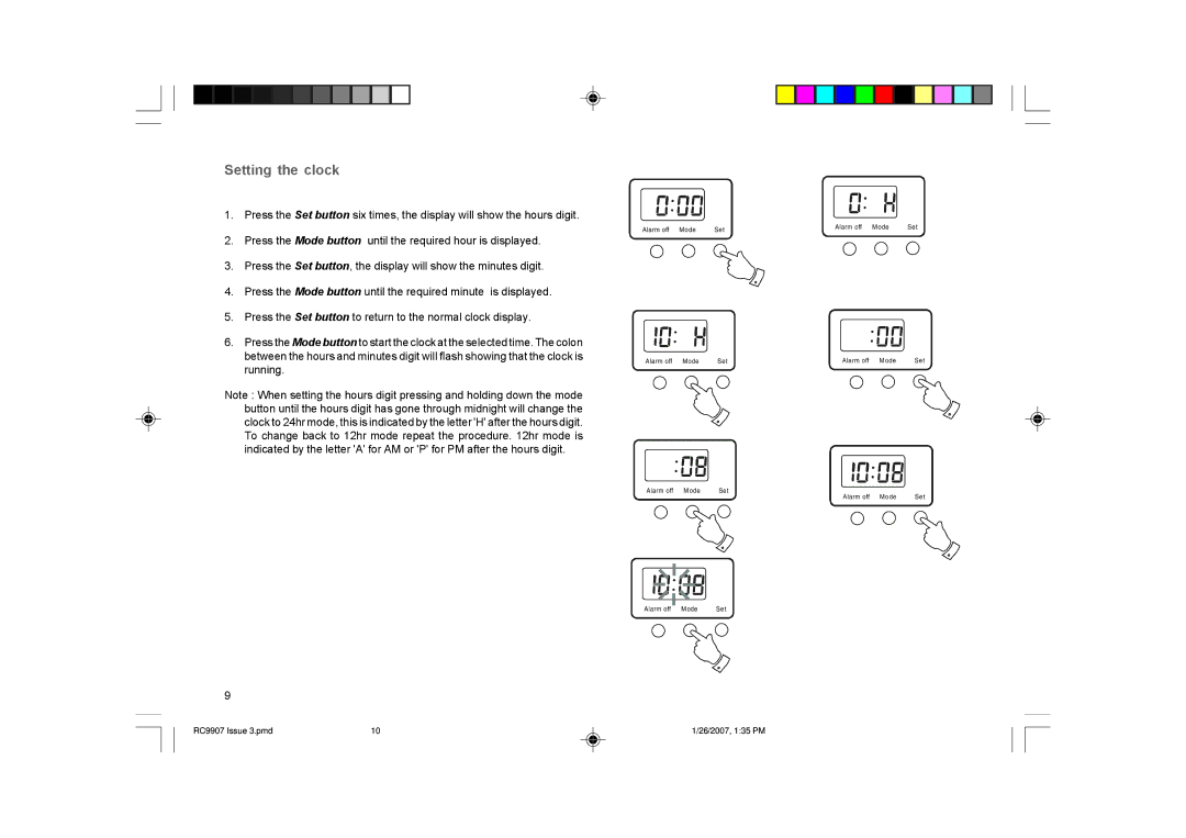 Roberts Radio RC9907 manual Setting the clock 