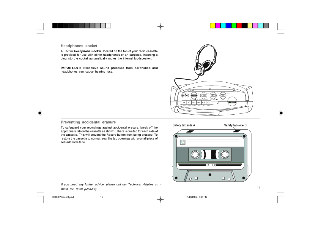 Roberts Radio RC9907 manual Headphones socket, Preventing accidental erasure 