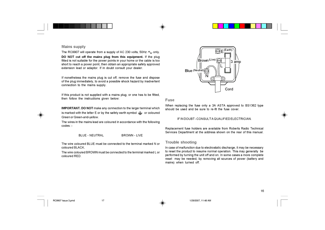 Roberts Radio RC9907 manual Mains supply, Fuse, Trouble shooting 