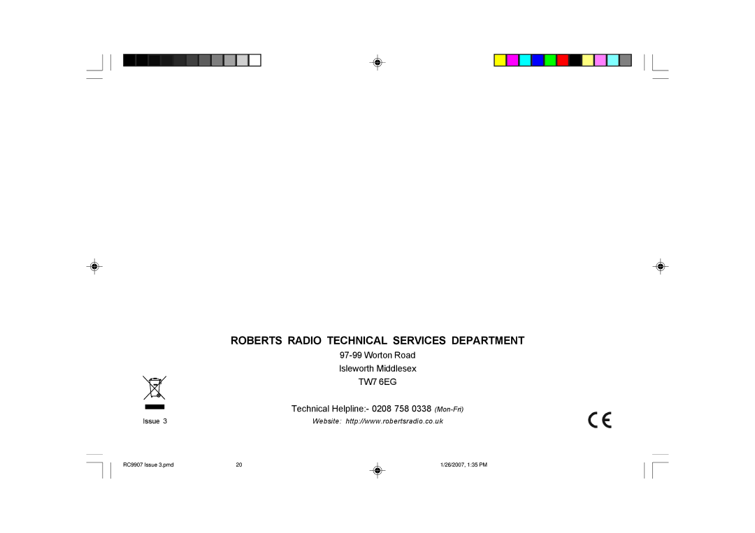 Roberts Radio RC9907 manual Roberts Radio Technical Services Department 