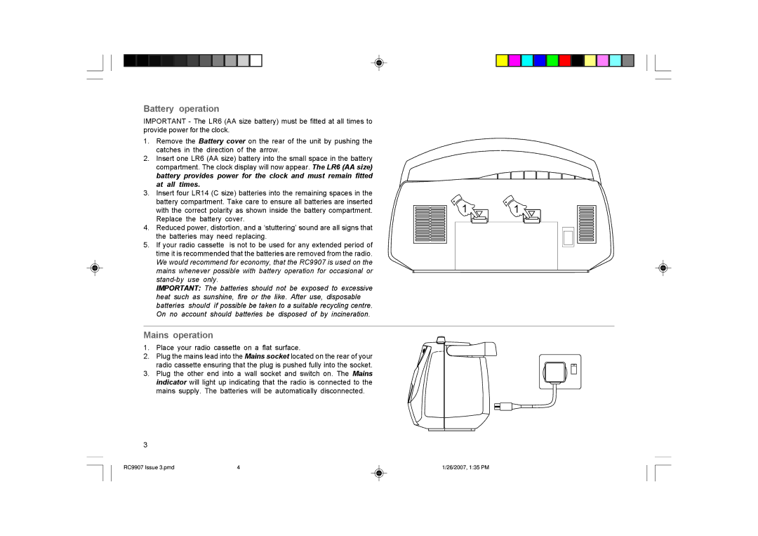 Roberts Radio RC9907 manual Battery operation, Mains operation 