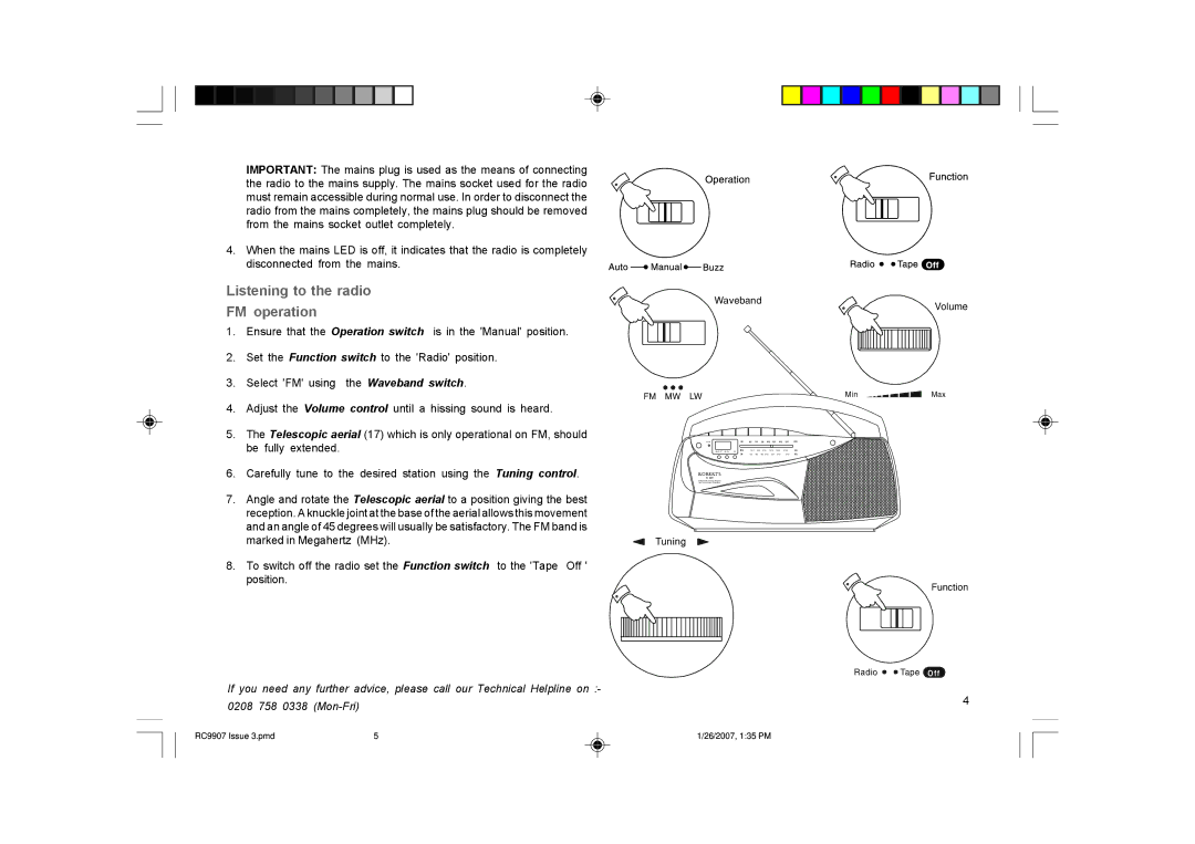 Roberts Radio RC9907 manual Listening to the radio FM operation, Waveband 