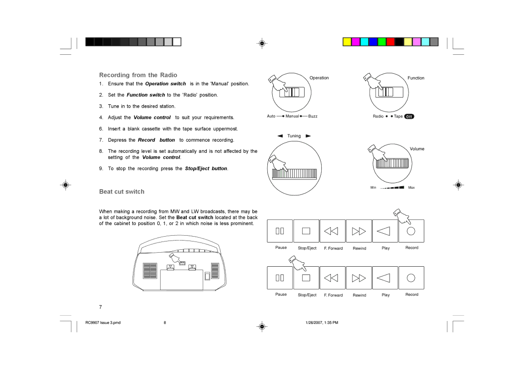 Roberts Radio RC9907 manual Recording from the Radio, Beat cut switch 