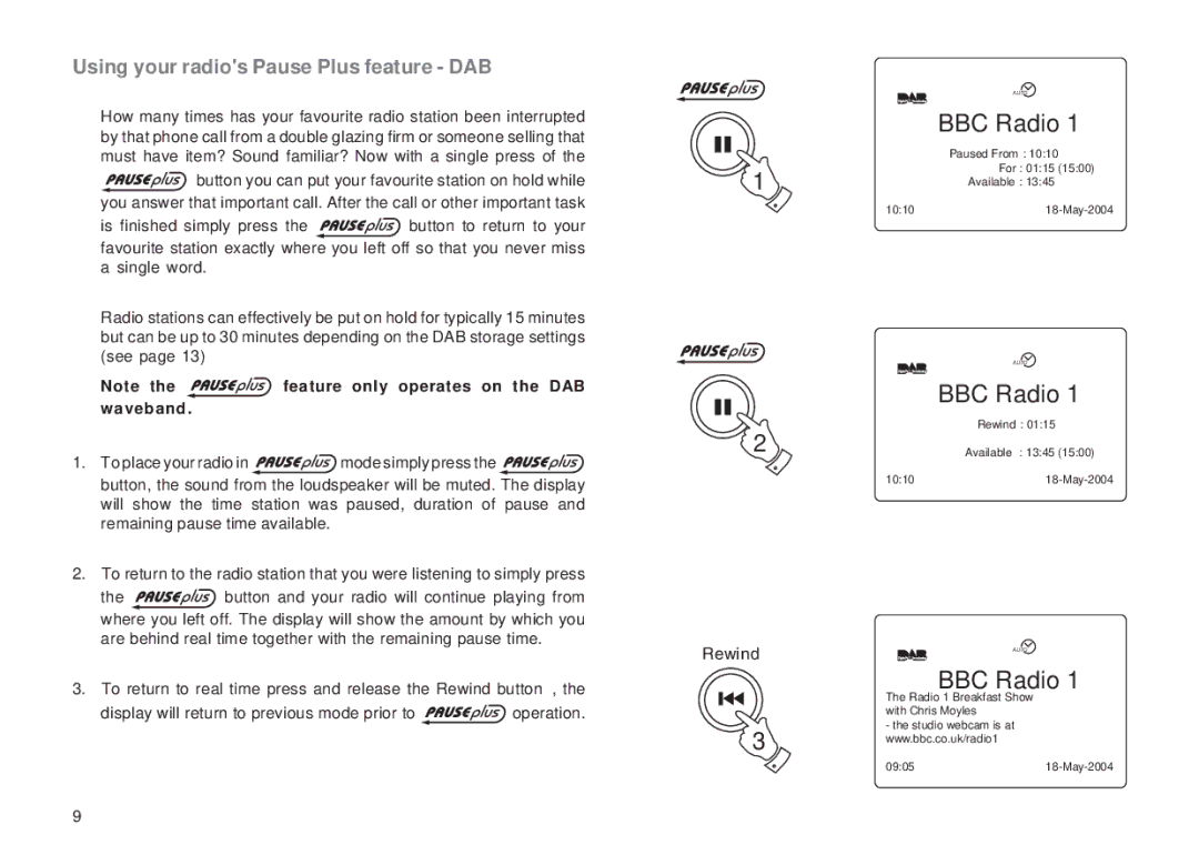 Roberts Radio RD-1 manual Using your radios Pause Plus feature DAB 