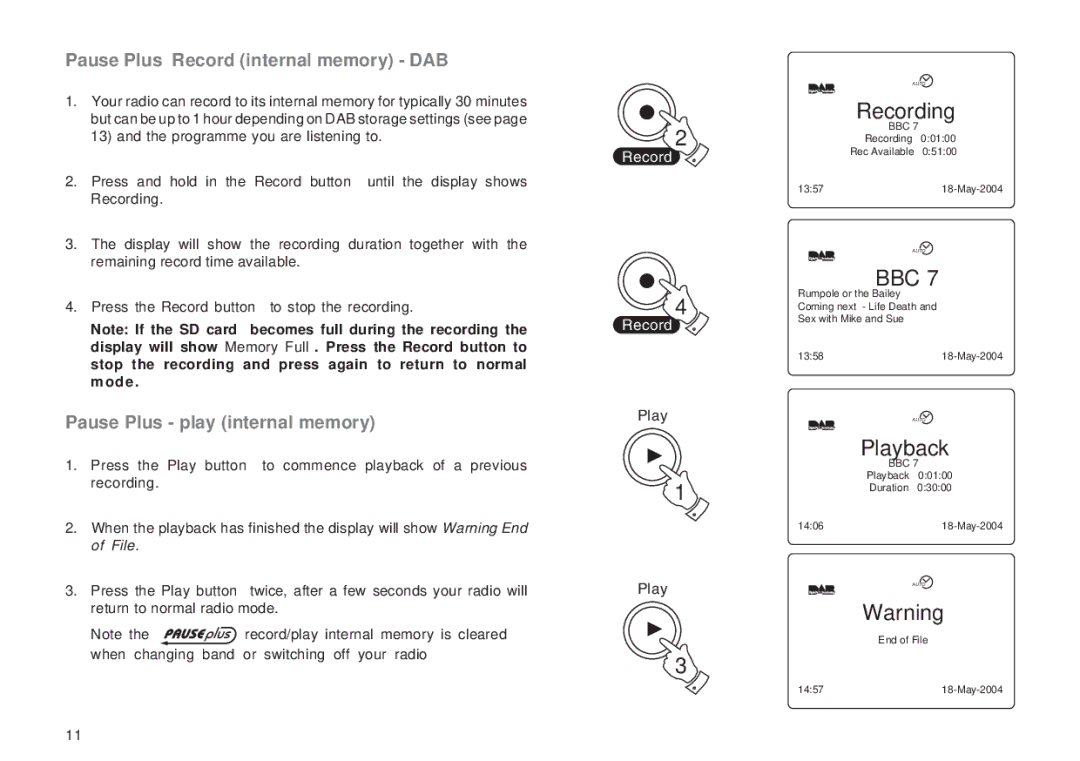 Roberts Radio RD-1 manual Recording, Playback, Pause Plus Record internal memory DAB, Pause Plus play internal memory 