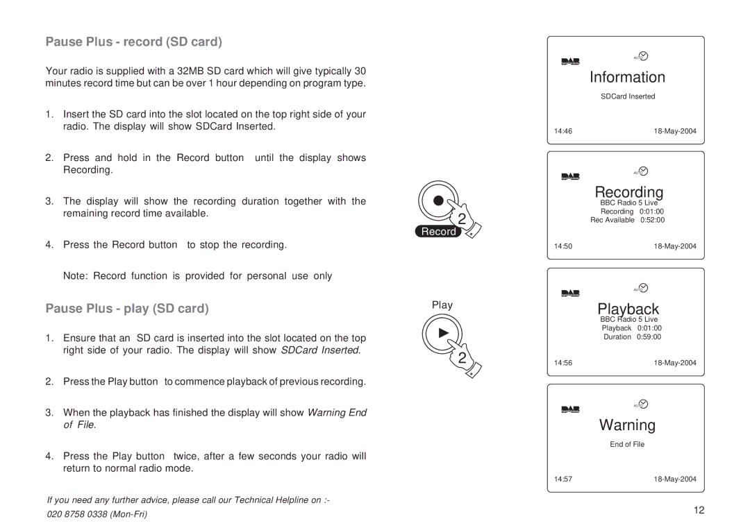 Roberts Radio RD-1 manual Information, Pause Plus record SD card, Pause Plus play SD card 