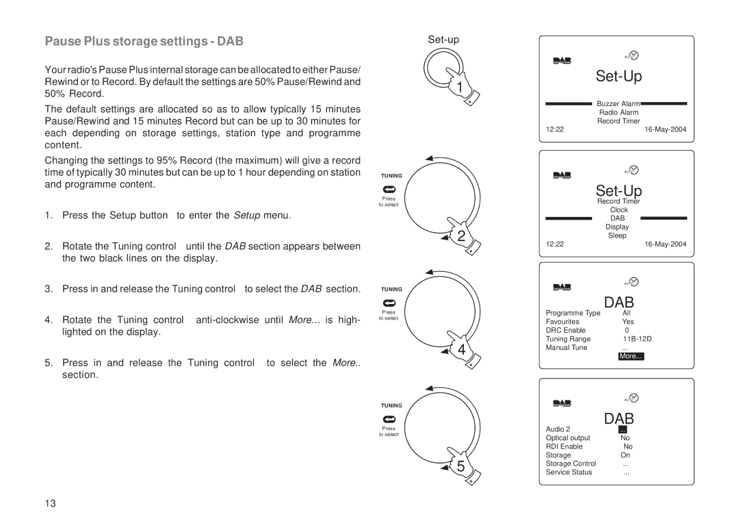 Roberts Radio RD-1 manual Set-Up, Pause Plus storage settings DAB 