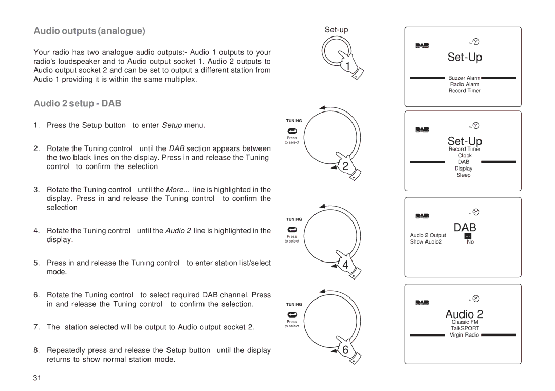 Roberts Radio RD-1 manual Audio outputs analogue, Audio 2 setup DAB 