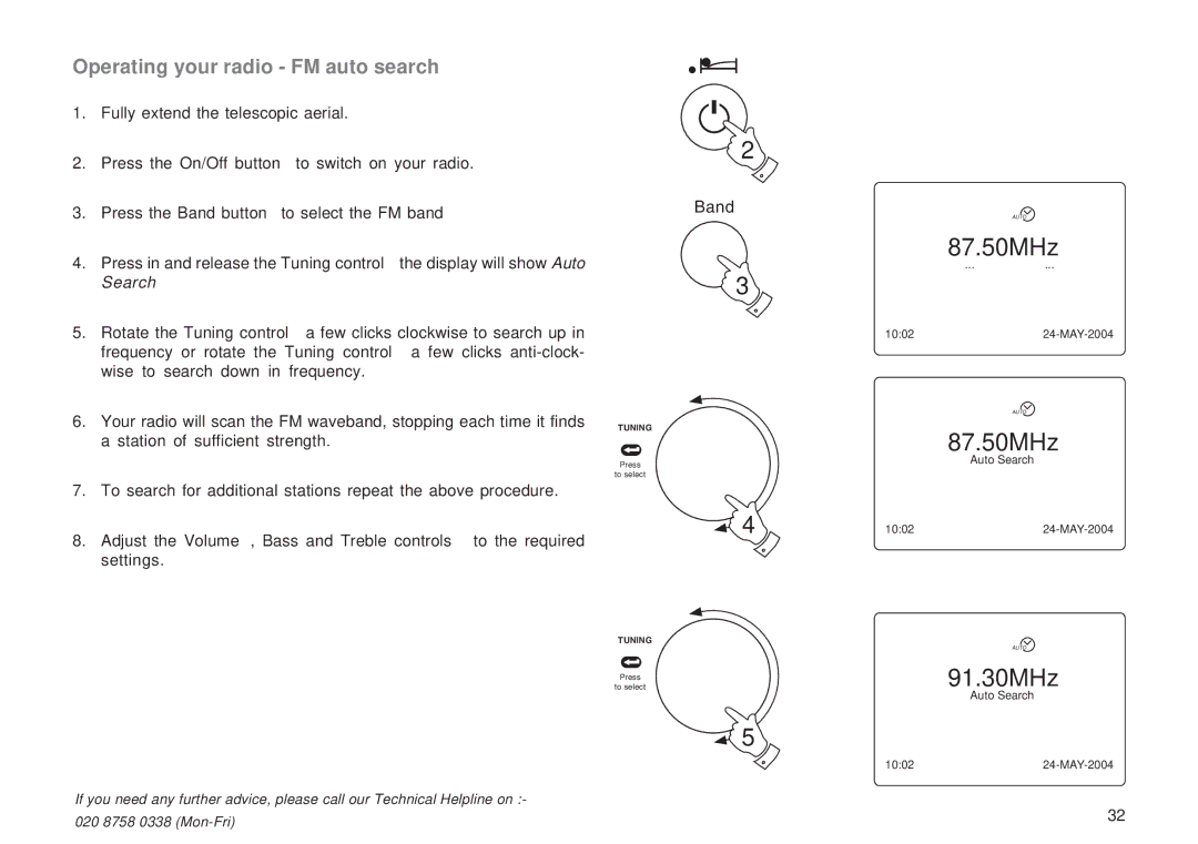 Roberts Radio RD-1 manual 87.50MHz, 91.30MHz, Operating your radio FM auto search 