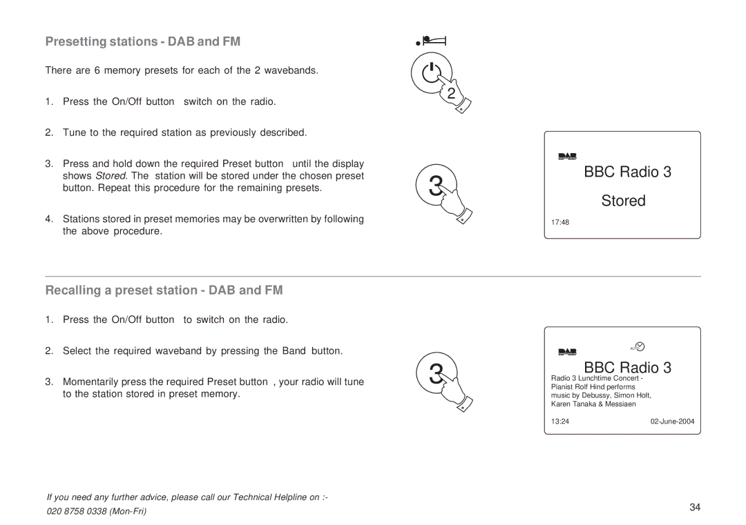 Roberts Radio RD-1 manual BBC Radio Stored, Presetting stations DAB and FM, Recalling a preset station DAB and FM 