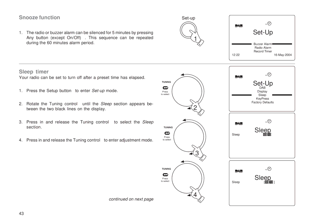 Roberts Radio RD-1 manual Snooze function, Sleep timer 