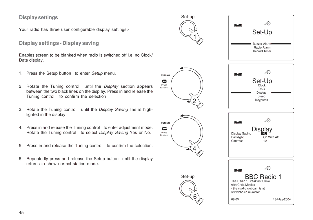 Roberts Radio RD-1 manual Display settings Display saving 