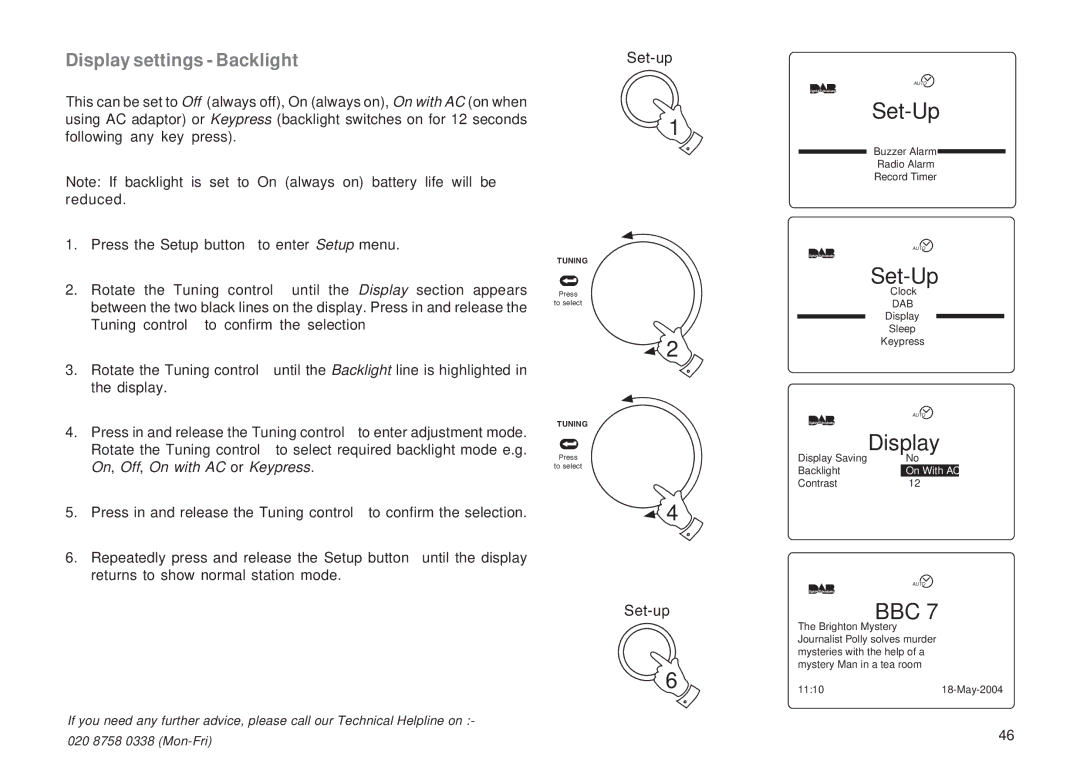 Roberts Radio RD-1 manual Display settings Backlight 