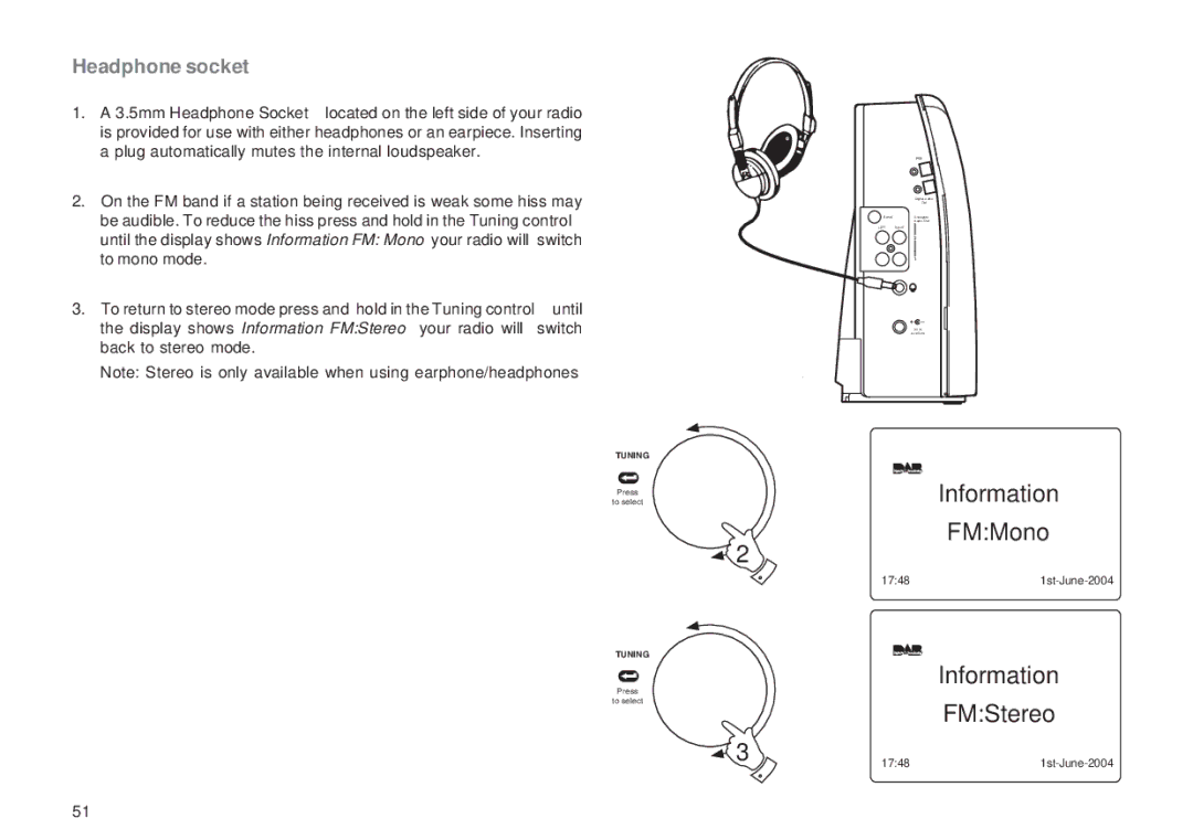 Roberts Radio RD-1 manual Information FMMono, Information FMStereo, Headphone socket 