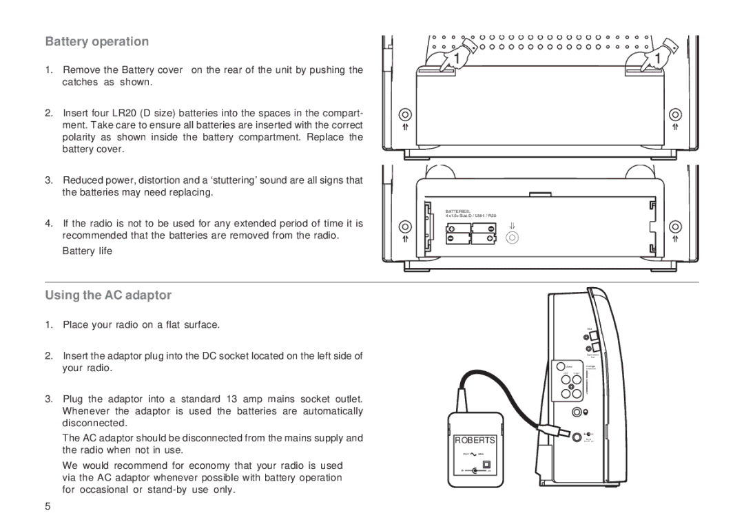 Roberts Radio RD-1 manual Battery operation, Using the AC adaptor 